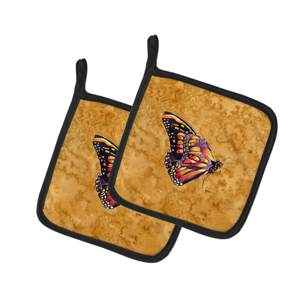 Pot Holder Set of 2 | Heat Resistant Quilted Hot Pads | 7.5 x 7.5 Inch | Butterfly on Gold