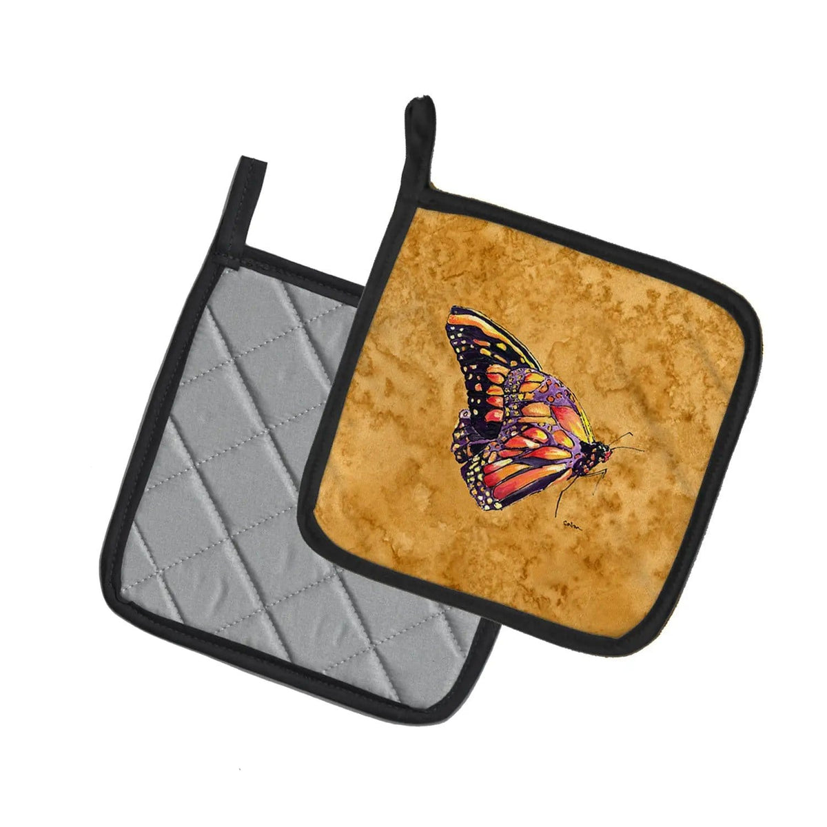 Pot Holder Set of 2 | Heat Resistant Quilted Hot Pads | 7.5 x 7.5 Inch | Butterfly on Gold