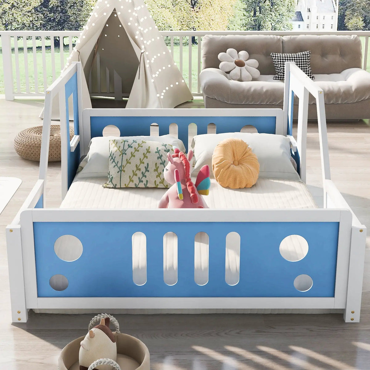 Car Shaped Platform Bed | Solid Pine Wood | Decorative Wheels