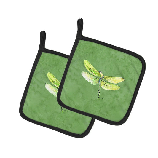Pot Holder Set of 2 | Heat Resistant Quilted Hot Pads | 7.5 x 7.5 Inch | Dragonfly on Avacado