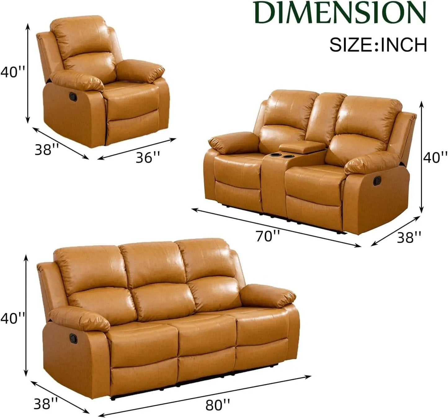 Ginger Leather Recliner Sofa Set 3 Piece With Storage from PriceLows™
