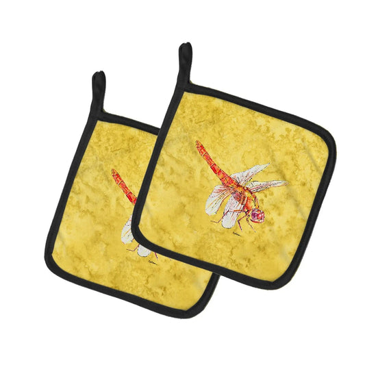 Pot Holder Set of 2 | Heat Resistant Quilted Hot Pads | 7.5 x 7.5 Inch | Dragonfly on Yellow