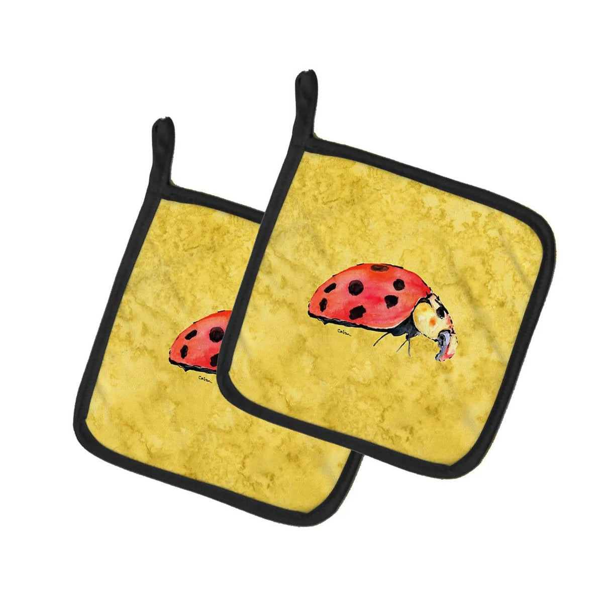 Pot Holder Set of 2 | Heat Resistant Quilted Hot Pads | 7.5 x 7.5 Inch | Lady Bug on Yellow