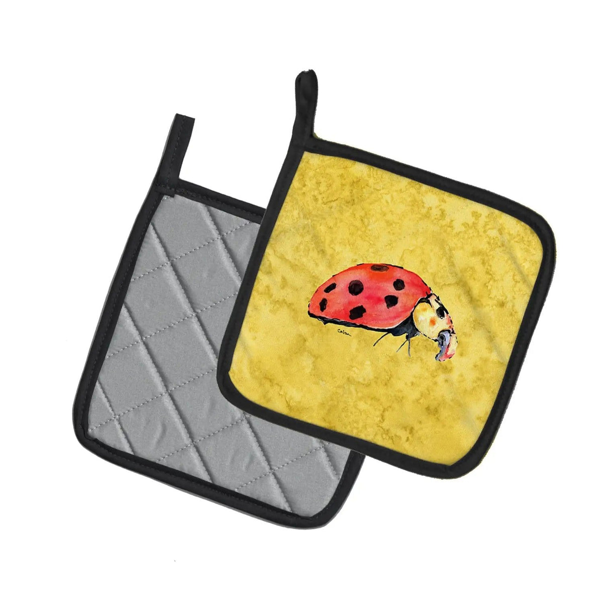 Pot Holder Set of 2 | Heat Resistant Quilted Hot Pads | 7.5 x 7.5 Inch | Lady Bug on Yellow