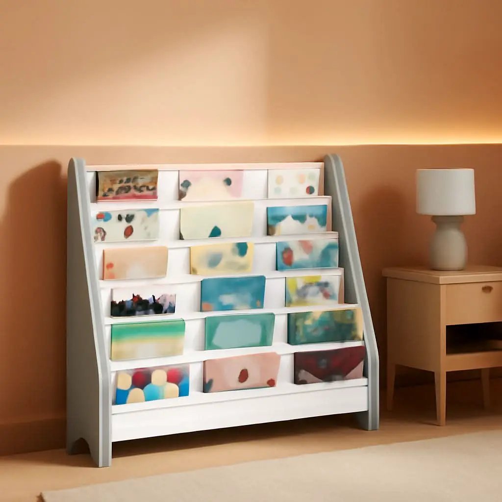 6 Tier Kids Bookshelf White And Gray Sling Book Organizer from PriceLows™