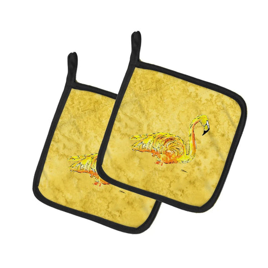 Pot Holder Set of 2 | Heat Resistant Quilted Hot Pads | 7.5 x 7.5 Inch | Flamingo on Yellow