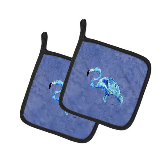 Pot Holder Set of 2 | Heat Resistant Quilted Hot Pads | 7.5 x 7.5 Inch | Flamingo On Slate Blue