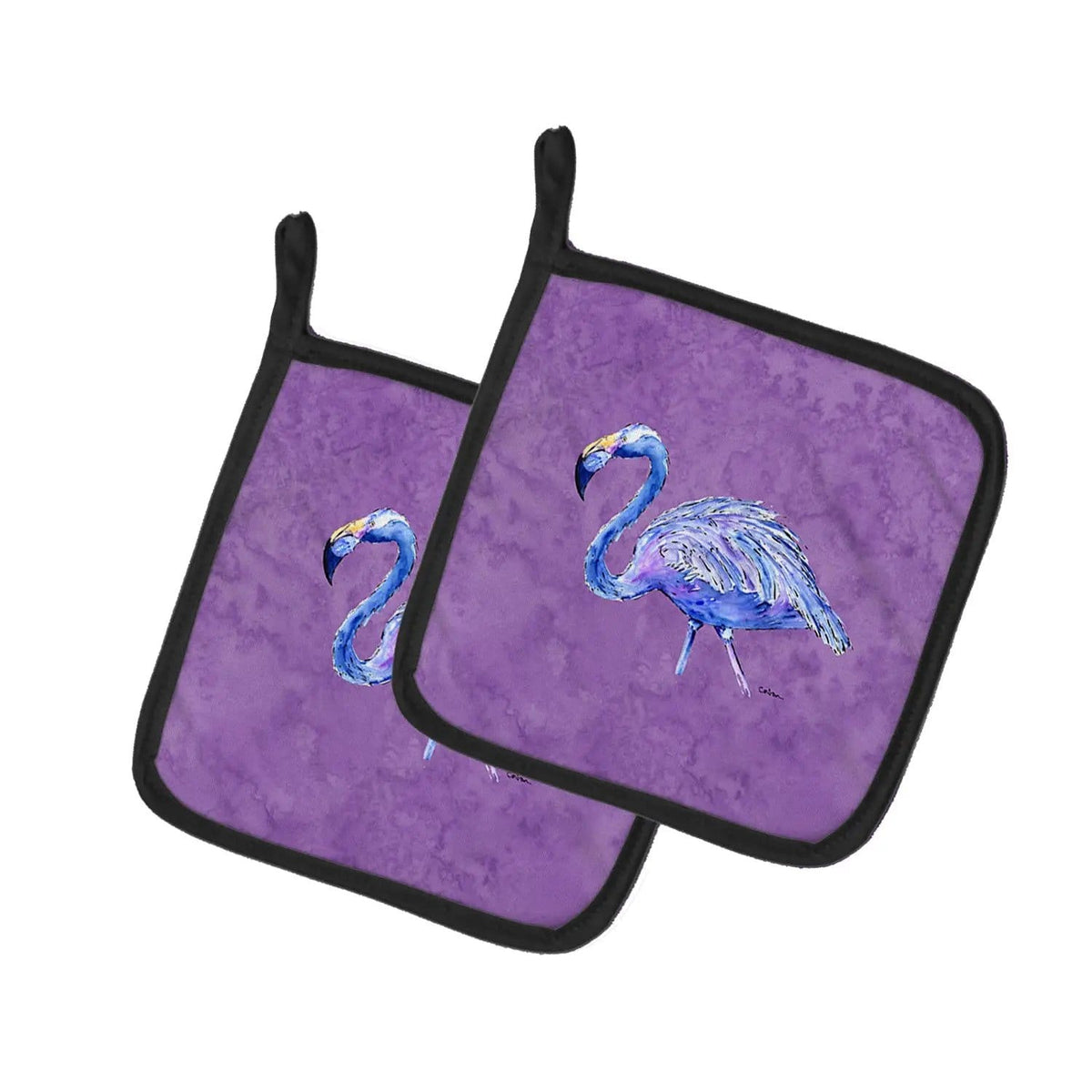 Pot Holder Set of 2 | Heat Resistant Quilted Hot Pads | 7.5 x 7.5 Inch | Flamingo on Purple