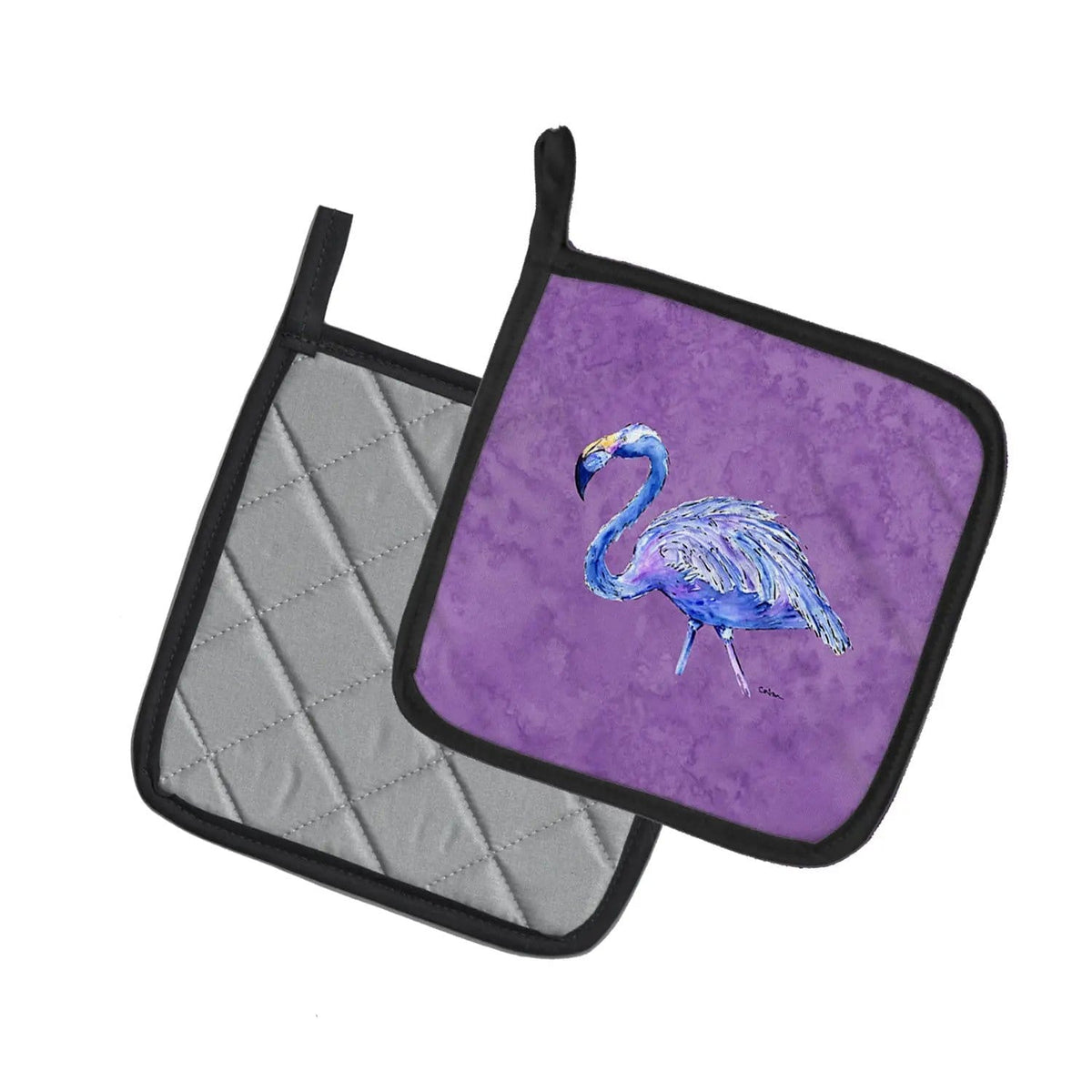 Pot Holder Set of 2 | Heat Resistant Quilted Hot Pads | 7.5 x 7.5 Inch | Flamingo on Purple