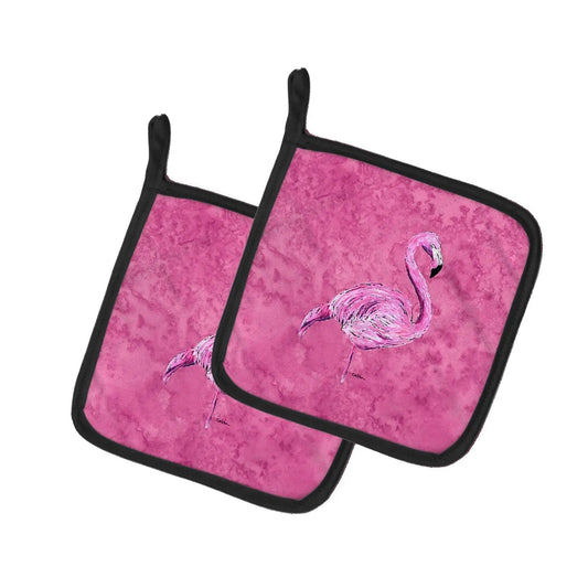 Pot Holder Set of 2 | Heat Resistant Quilted Hot Pads | 7.5 x 7.5 Inch | Flamingo on Pink