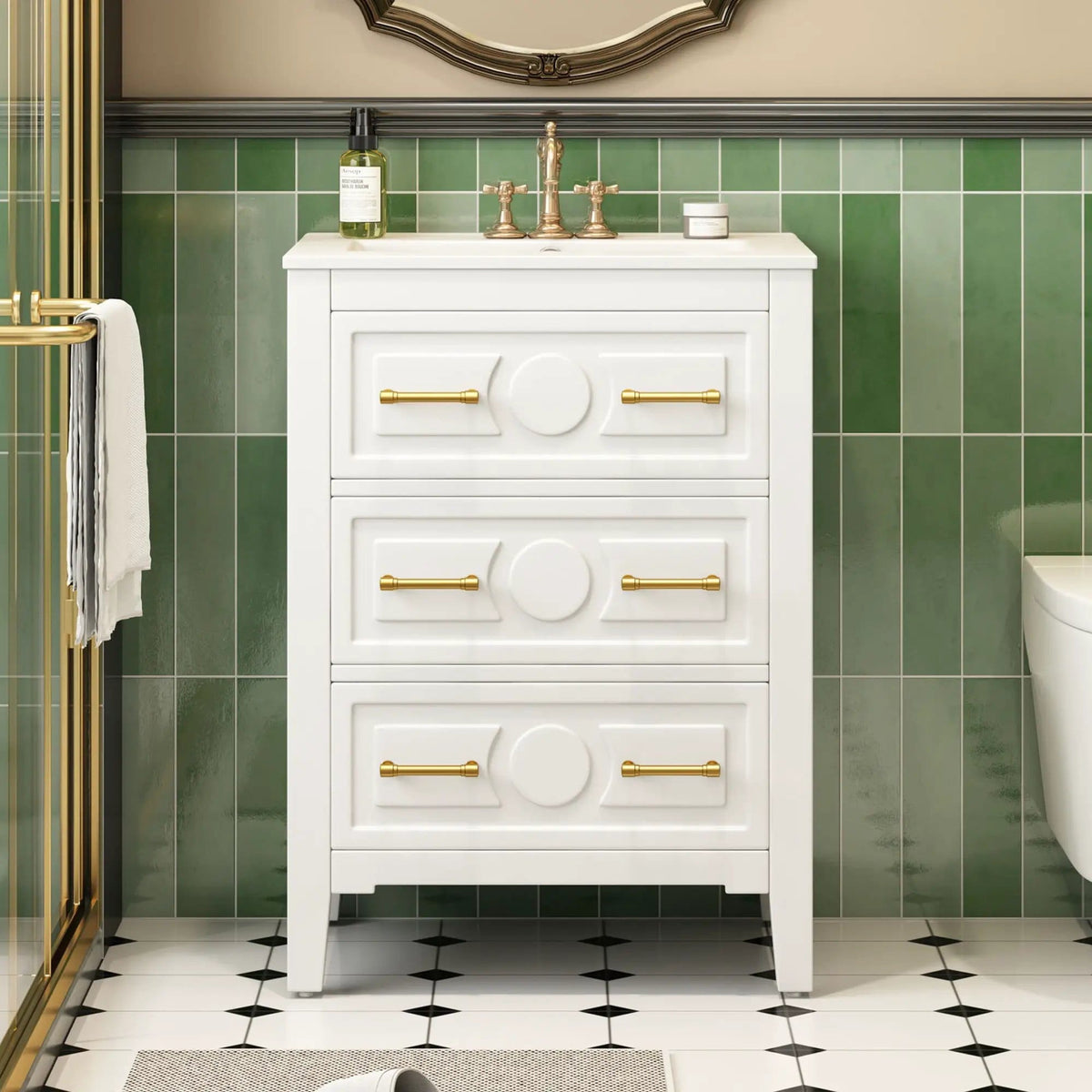 Bathroom Vanity With Sink, Free Standing Single Set, 3 Drawer Storage Cabinet | 2 Pieces | Solid Wood & Ceramic | Bathroom