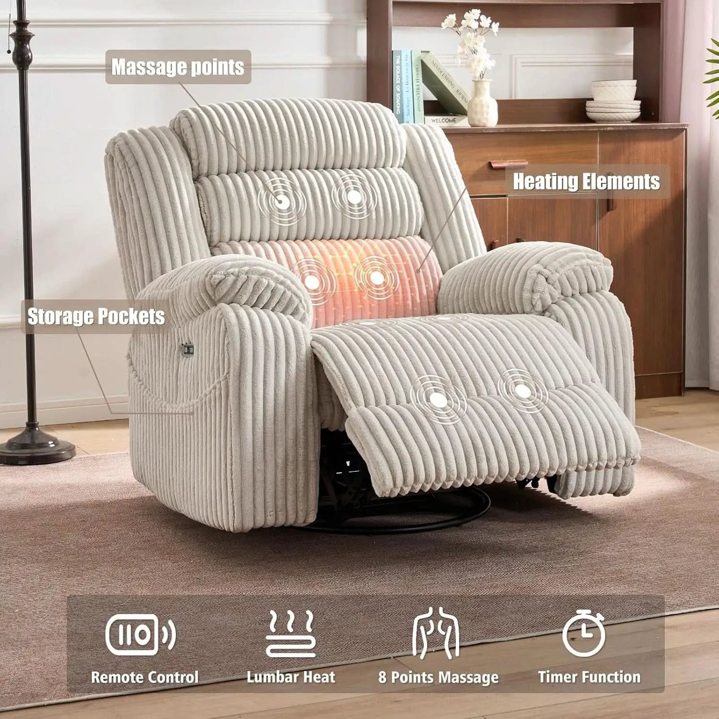 Power Swivel Rocker Recliner Chair With Massage And USB Charging White from PriceLows™