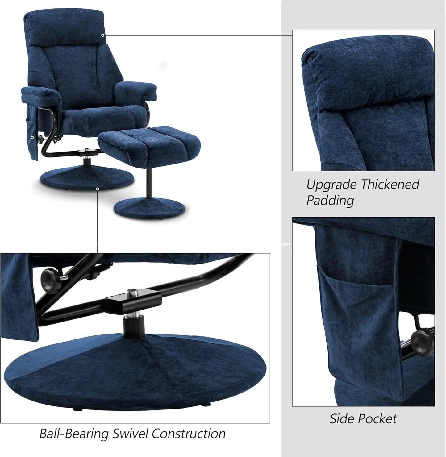 Swivel Recliner With Ottoman And Vibration Massage Blue Textile from PriceLows™