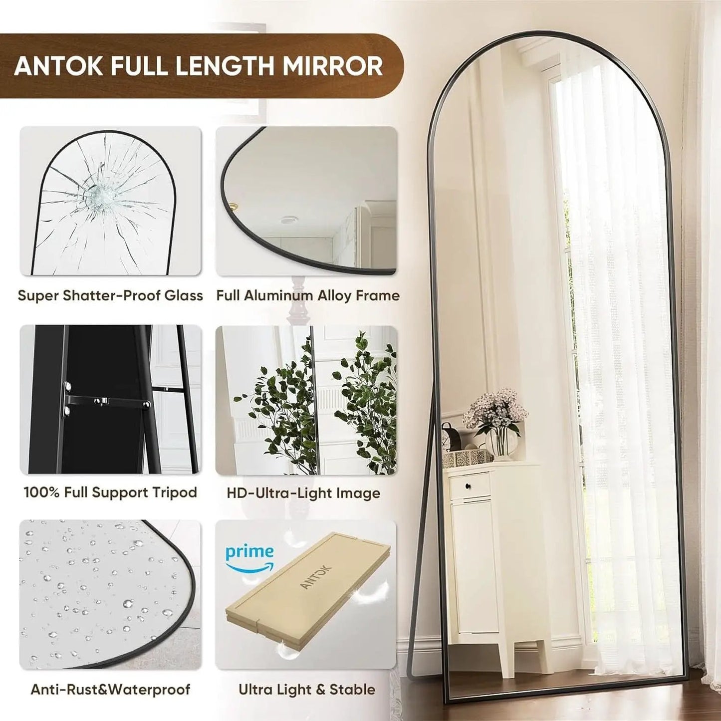 71 Inch Full Length Arched Floor Mirror Black Freestanding from PriceLows™