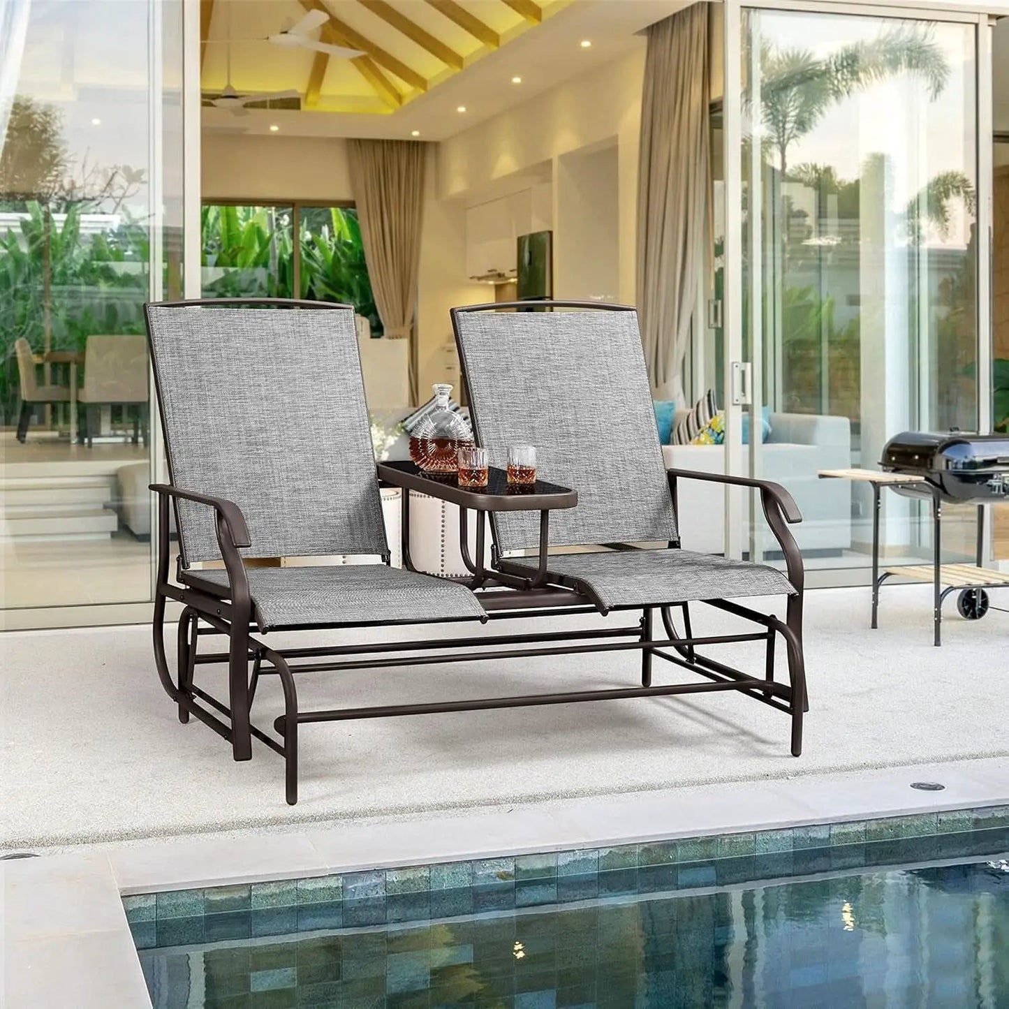 Two-Seat Outdoor Glider Bench with Center Table from PriceLows™