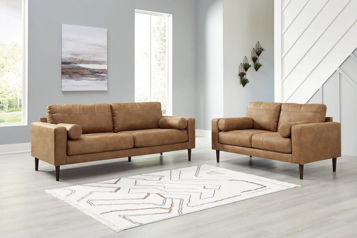 Living Room Set | Caramel Faux Leather | Retro Contemporary Style | Small Scale
