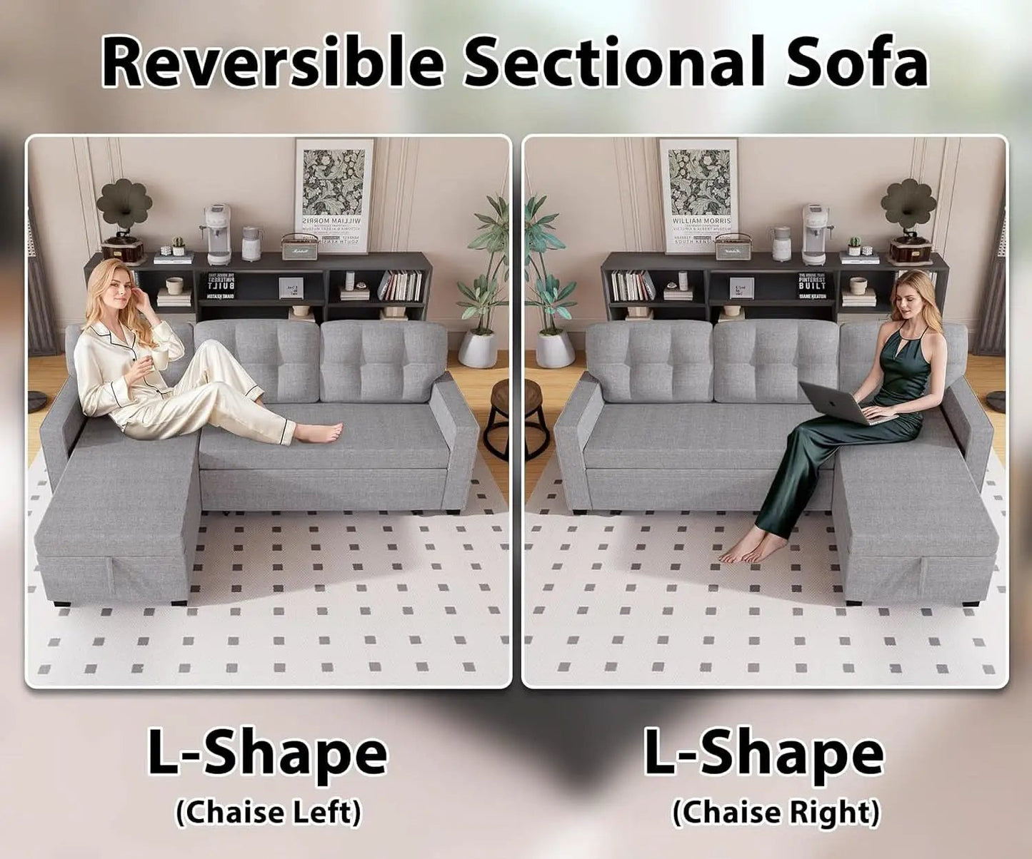 Reversible Sectional Sofa Couch, Sleeper Sofa Bed with Storage Chaise Pull Out Couch for Living Room | Hidden Stroge | Pull Out Bed | Removable Backrest | Linen Fabric, Light Grey from PriceLows™