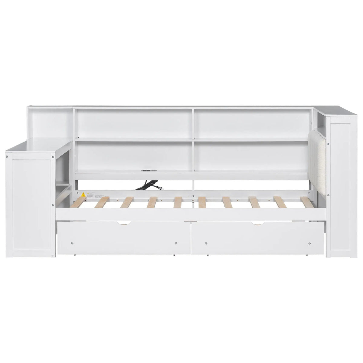 Upholstered Platform Storage Bed | Eight Open Shelves | Two Drawers | LED Lighting And Charging Station