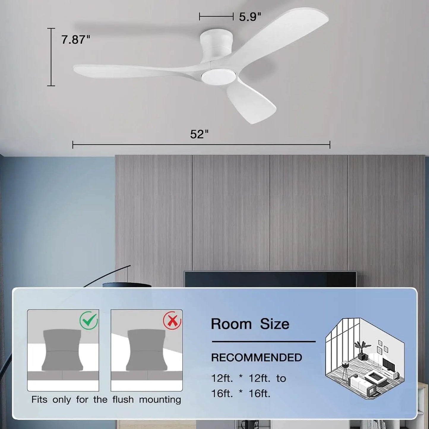 52 Inch Smart Low Profile Ceiling Fan With Remote Control from PriceLows™