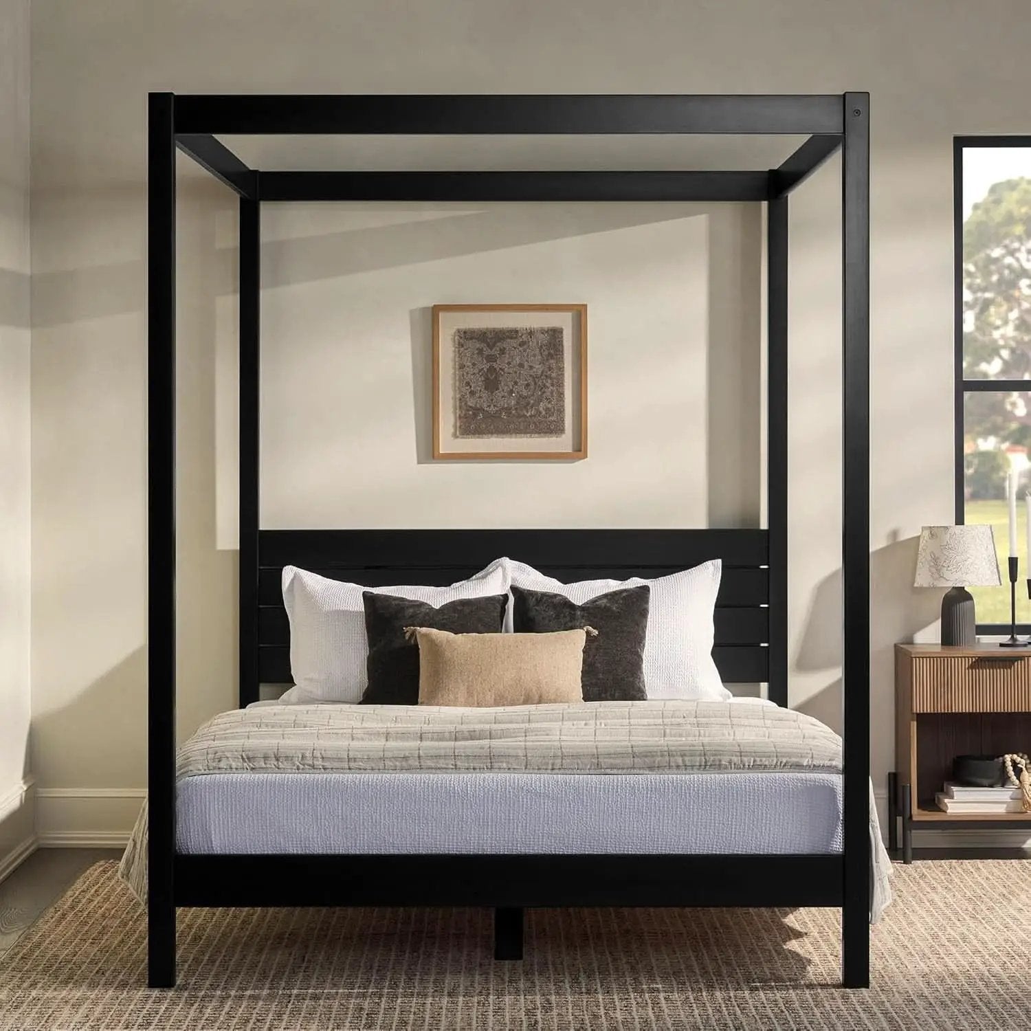 Modern Black Queen Canopy Bedframe with Slatted Headboard from PriceLows™