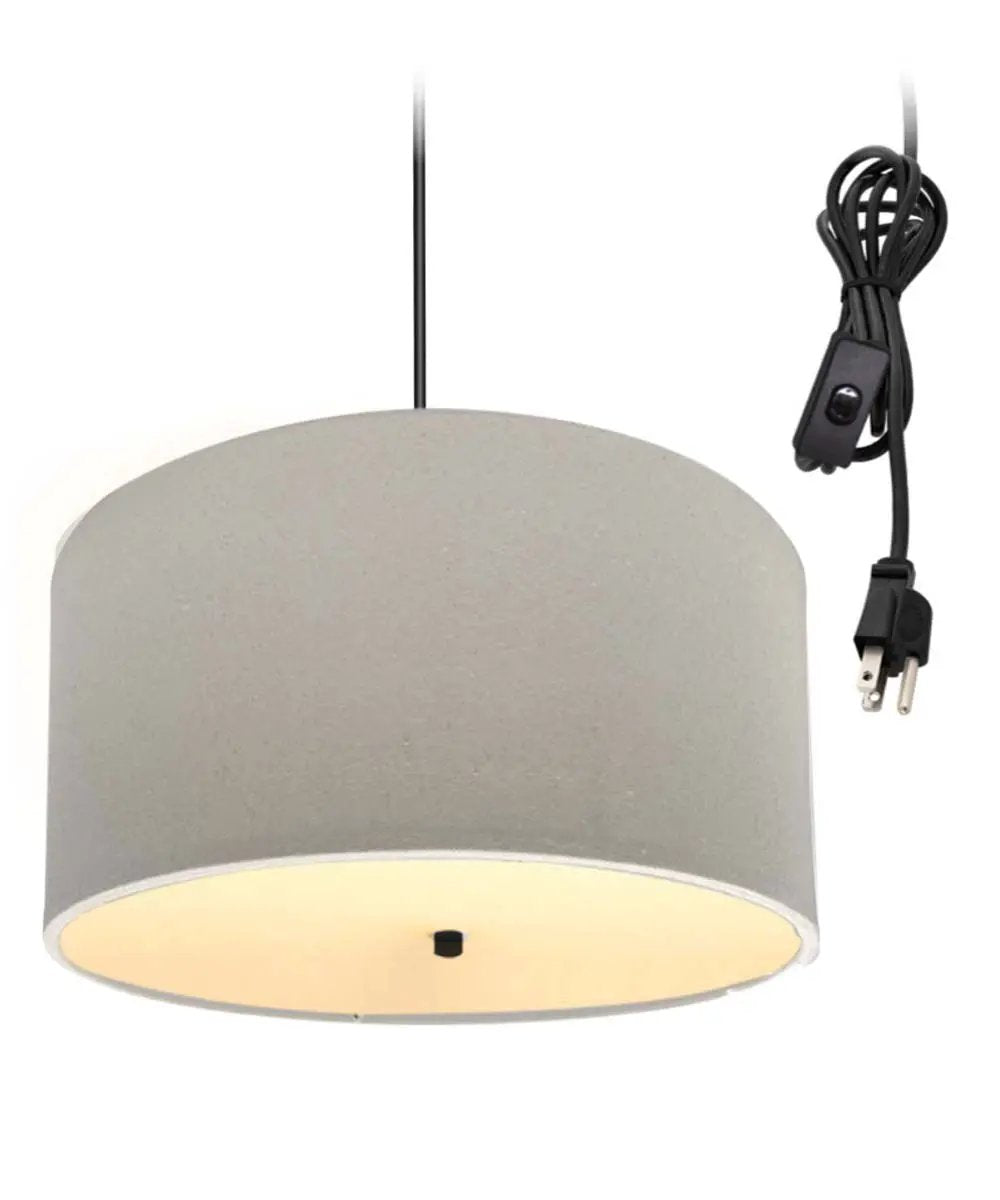 Two Light Swag Plug In Pendant | 16 Inch Drum | Oatmeal Linen | Black Cord