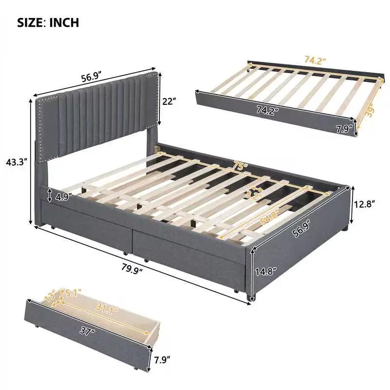 Upholstered Platform Bed | Drawers | Classic Headboard Design | Thick Foam Fill