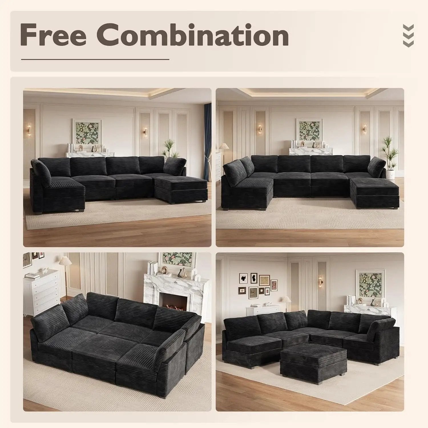 Modular Sectional Sofa Black Corduroy Convertible Sleeper from PriceLows™