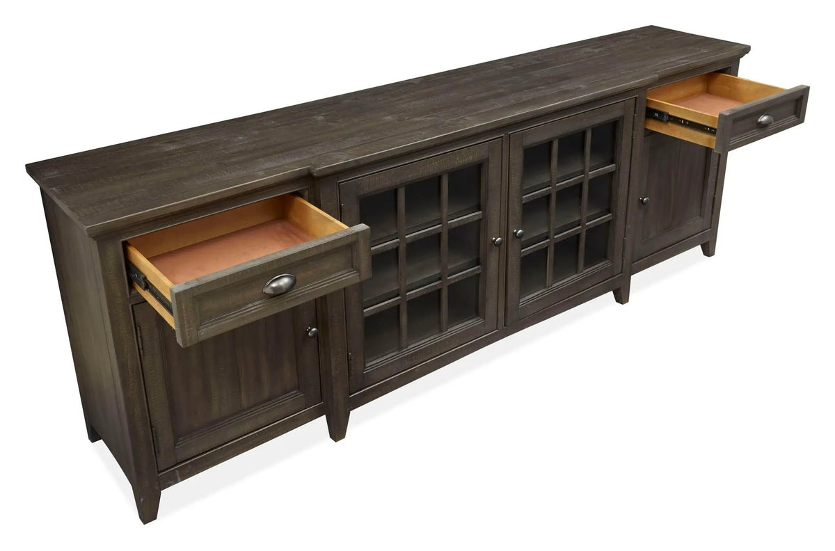 Westley Falls Entertainment Console | Wood Framed Glass Doors | Felt Lined Top Drawers | 70 Inch Width