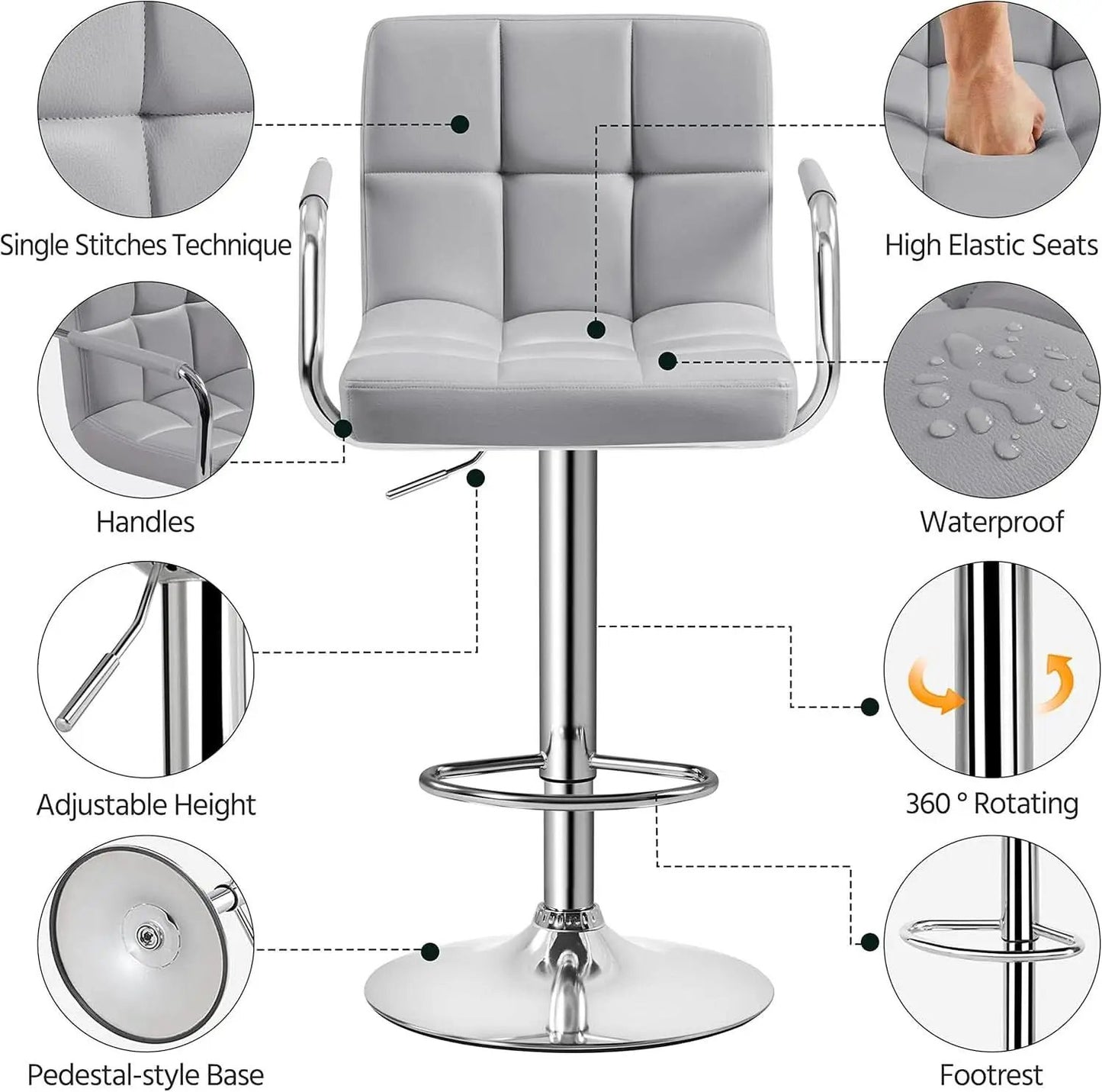 Light Grey Adjustable Swivel Bar Stools With Backrest, PU Leather, Set Of 2 from PriceLows™