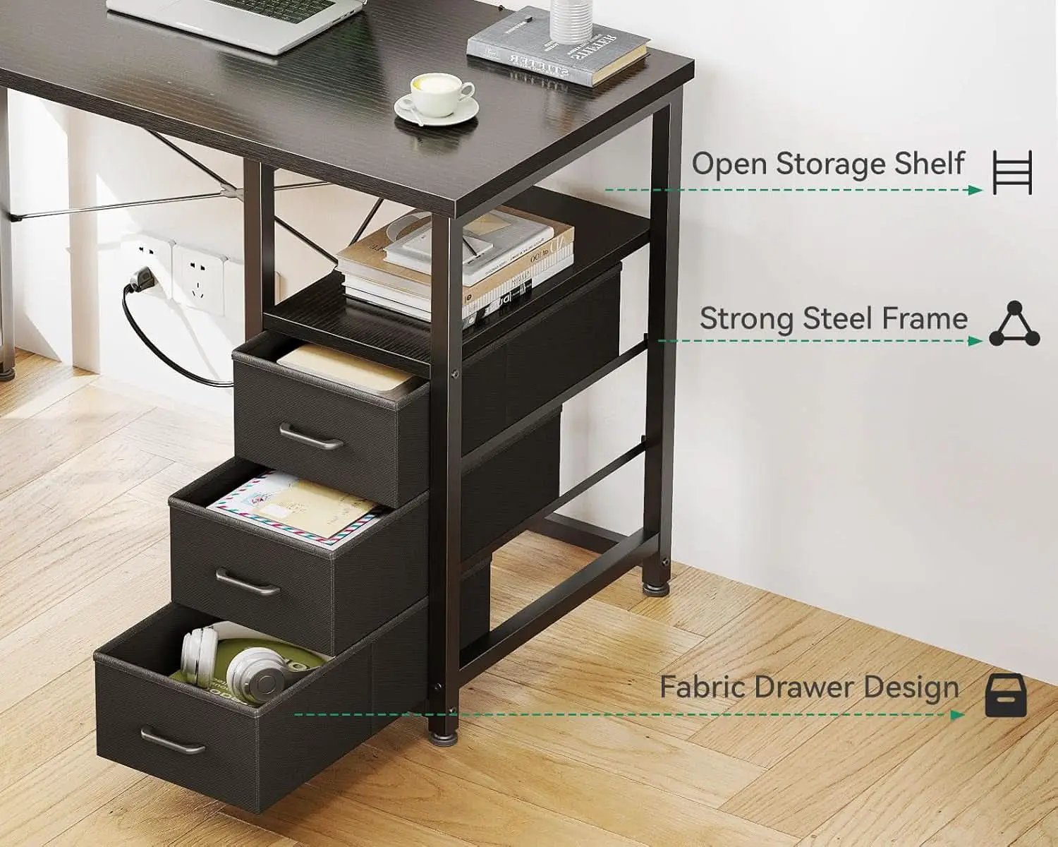 32-Inch Computer Desk With Fabric Drawers And Charging Station Black from PriceLows™