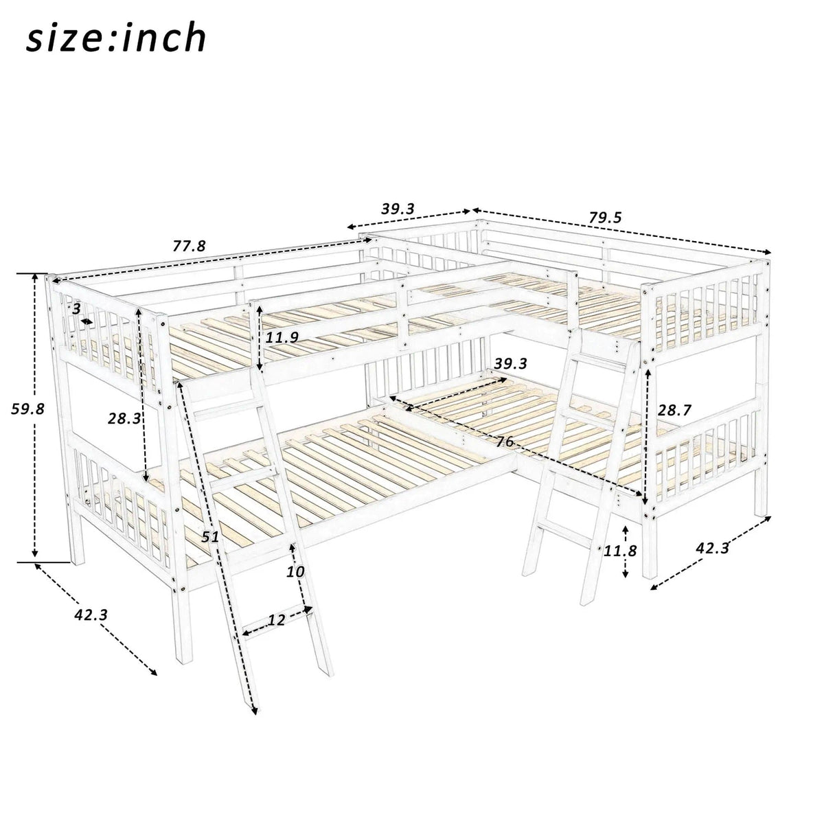 L Shaped Bunk Bed With Ladder | 2 Pieces | Pine Wood | Bedroom