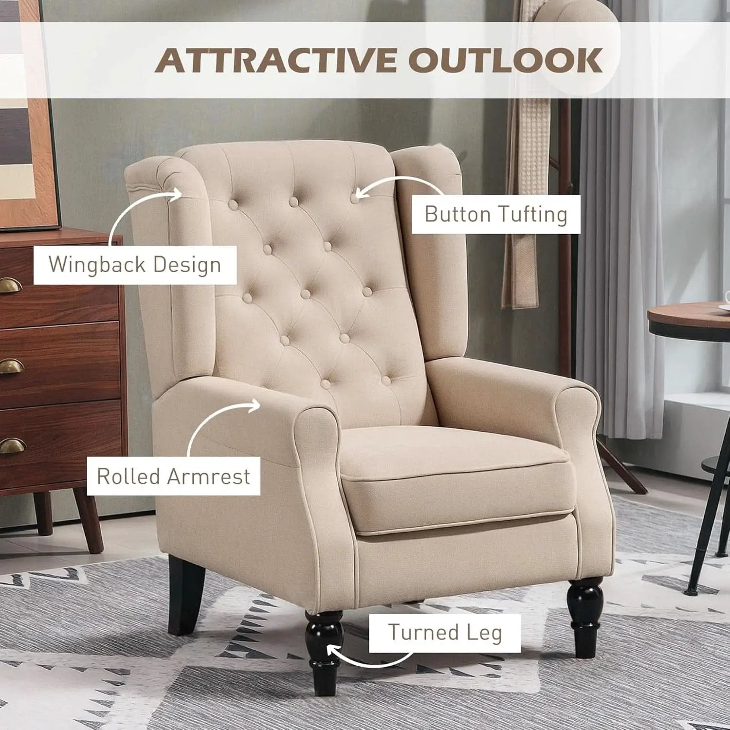 Beige Midcentury Button Tufted Wingback Upholstered Armchair from PriceLows™