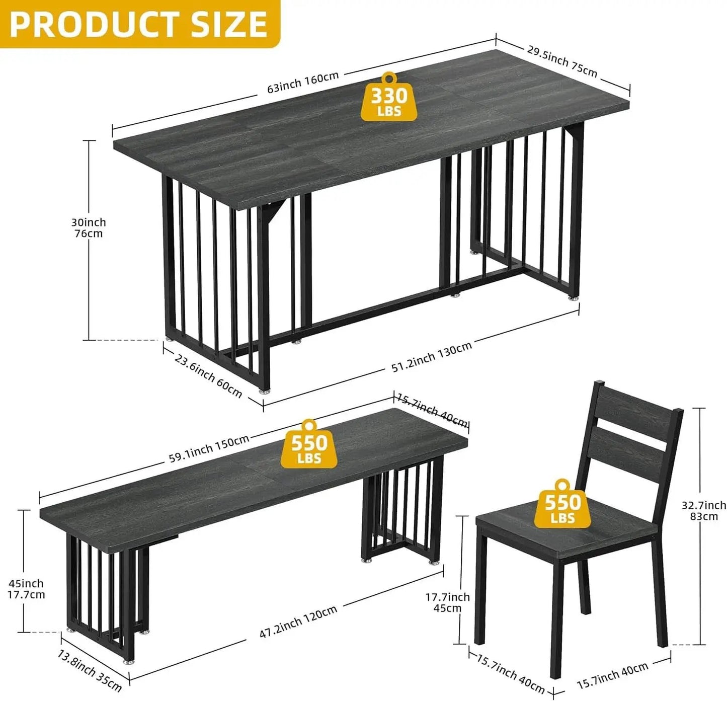 63 Inch Dark Grey Rectangular Dining Table Set Farmhouse from PriceLows™