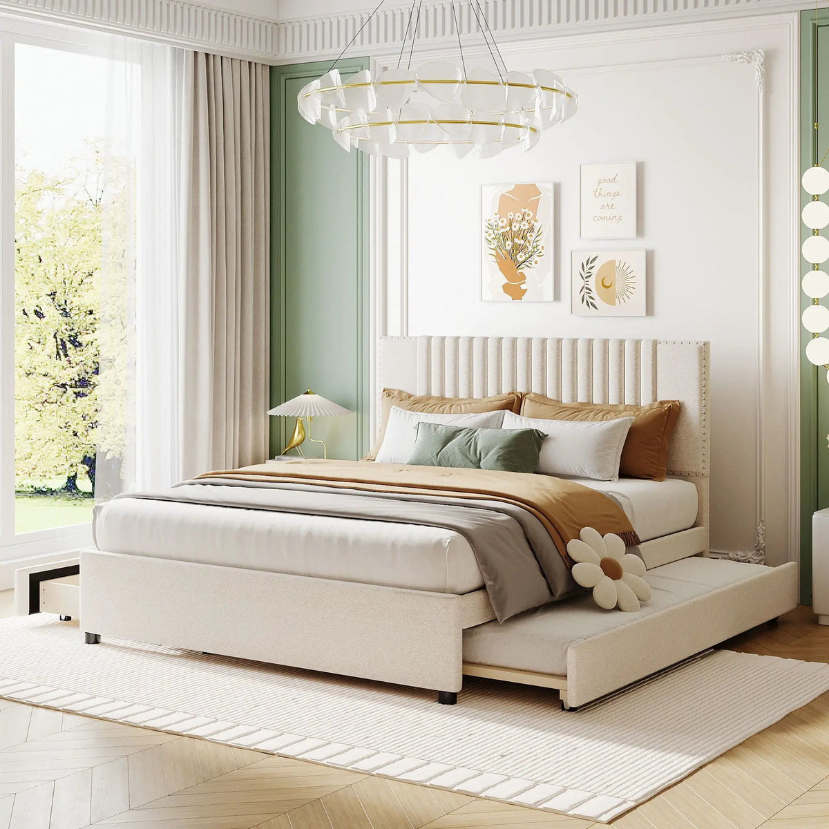 Upholstered Platform Bed | Drawers | Classic Headboard Design | Thick Foam Fill
