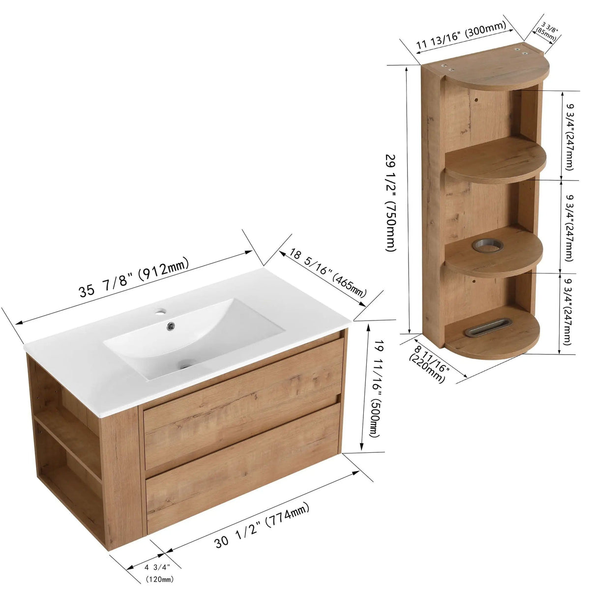 Modern Wall Mounted Bathroom Vanity With Ceramic Sink And Storage Rack, 2 Soft Close | 2 Pieces | Ceramic & Plywood | Bathroom