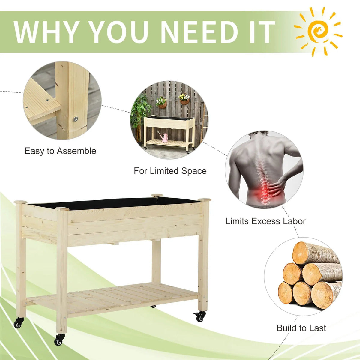 Outsunny Raised Garden Bed | 47 x 22 x 33 Inch | Lockable Wheels | 2-Tier Storage Shelf