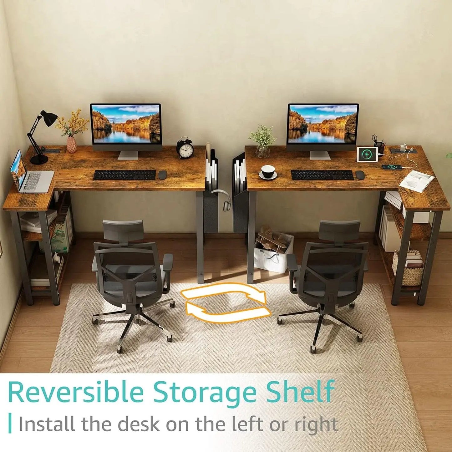 40 Inch L Shaped Desk With Power Outlet And Shelves Rustic Brown from PriceLows™