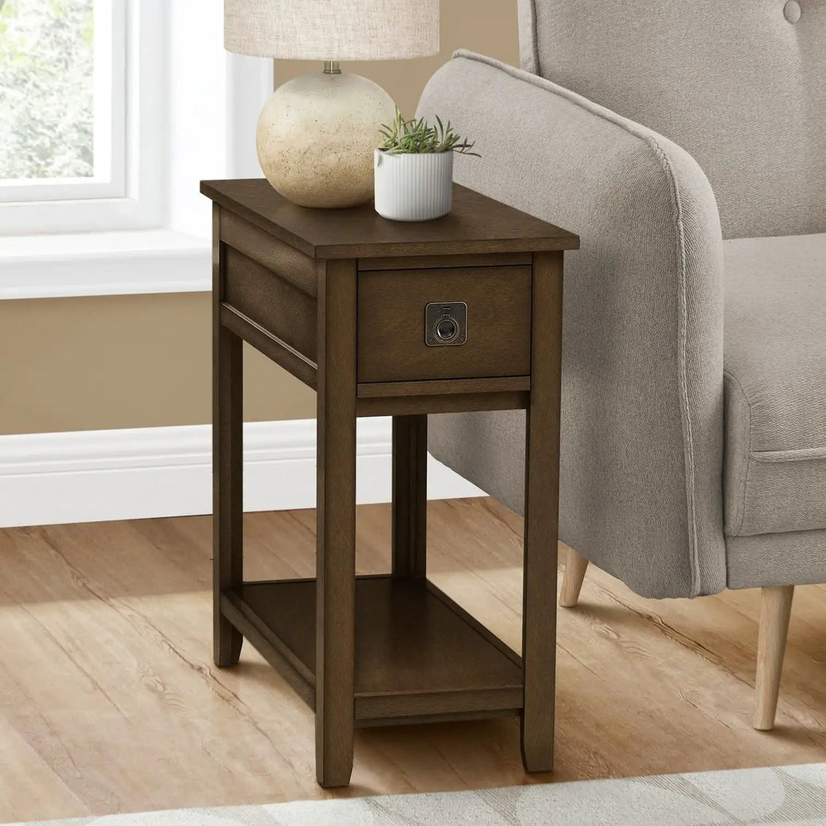 2-Tier Narrow End Table | Storage Drawer | Lamp Table | Charming Transitional Design