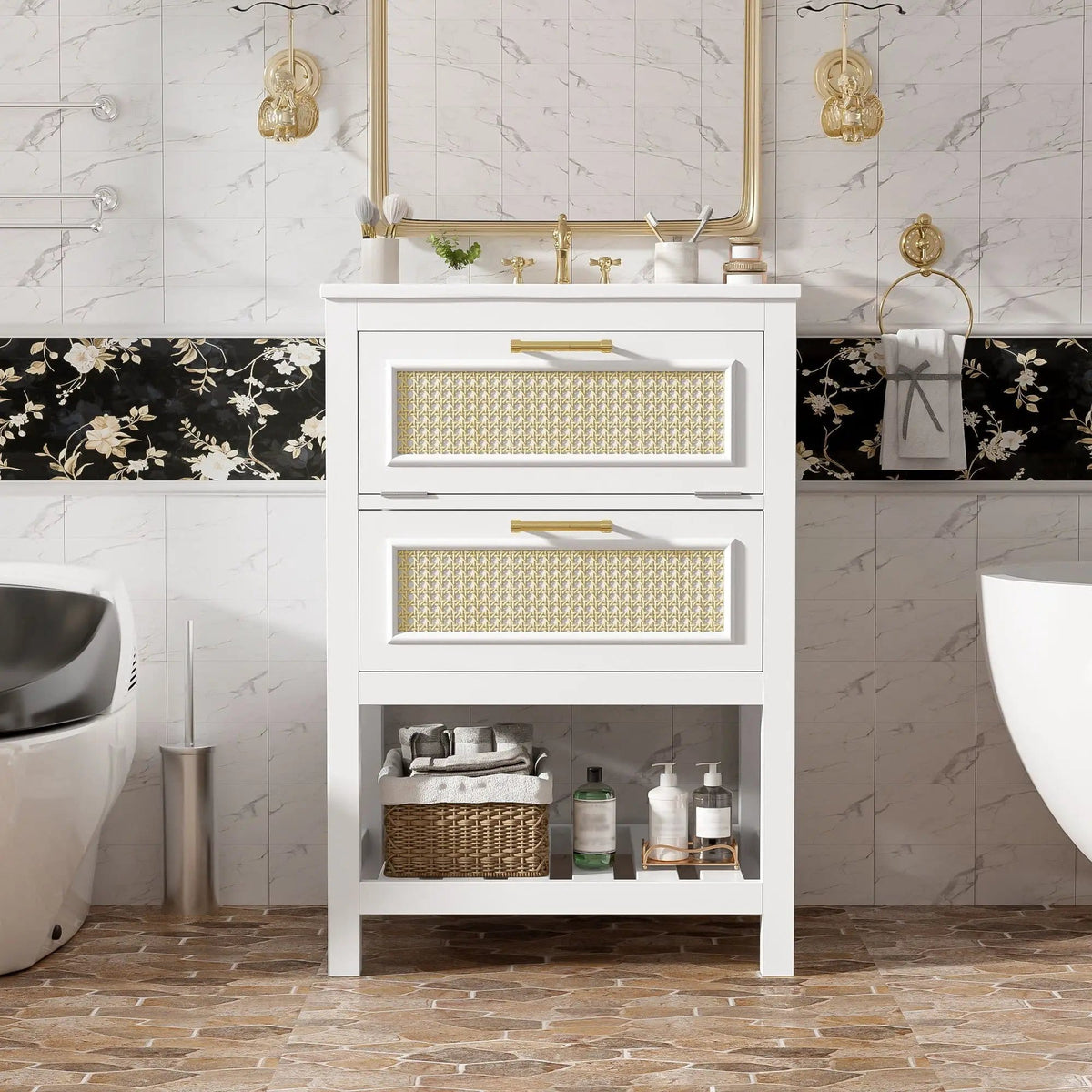 Modern Bathroom Vanity With Integrated Sink, Cabinet With 1 Deep Drawer And 1 | 2 Pieces | Solid Wood & Rattan | Bathroom