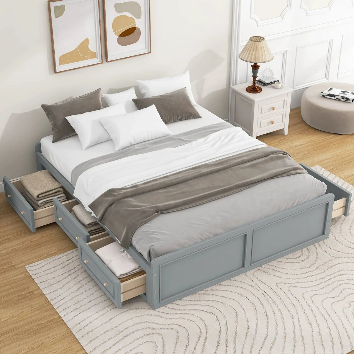Queen Size Platform Bed Frame With 6 Drawers - | 81.7 x 62.2 x 17.7 in | Pine Wood & Mdf | Gray