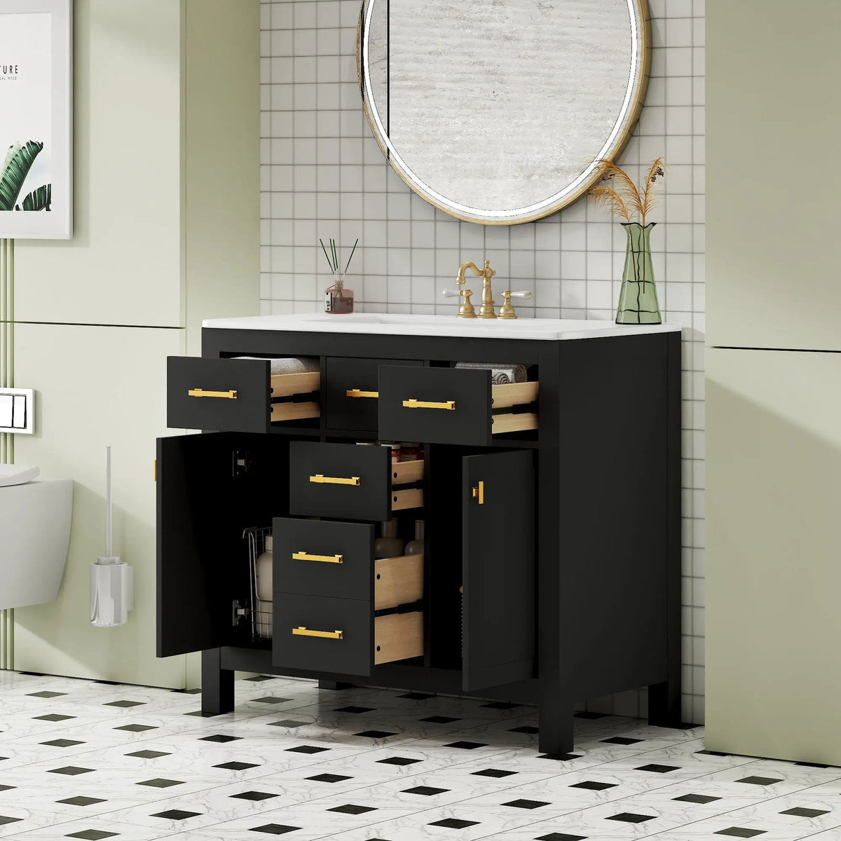 36 Inch Bathroom Vanity | Resin Sink Combo Set | 4 Drawers | Solid Wood Feet