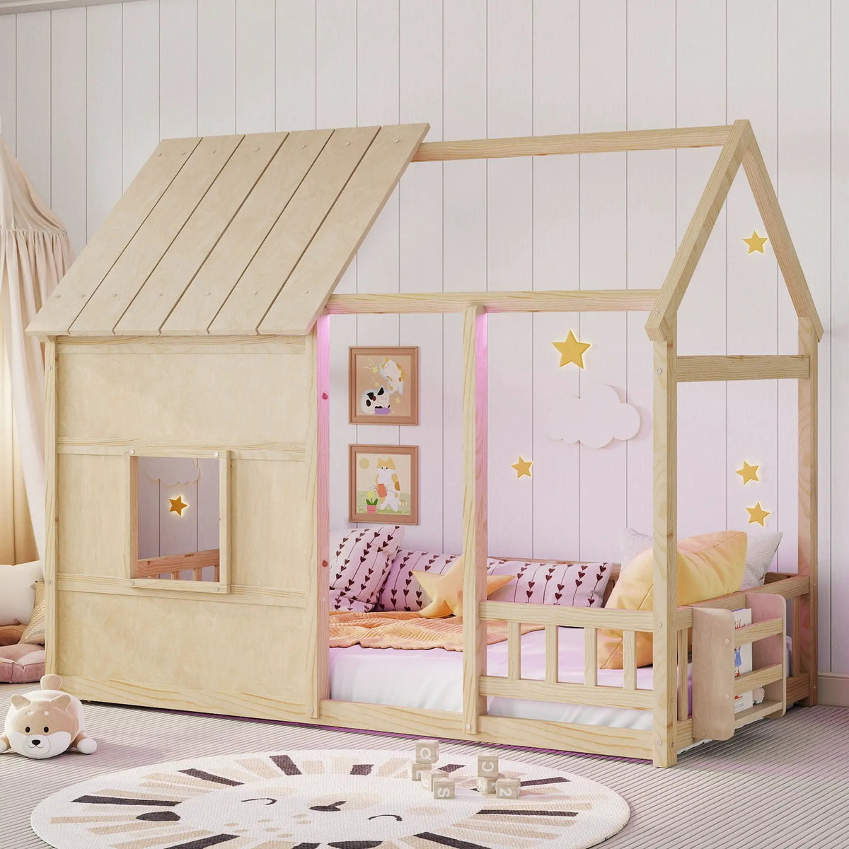 House Floor Bed | 7 Color LED Lights | Built In Bookshelf