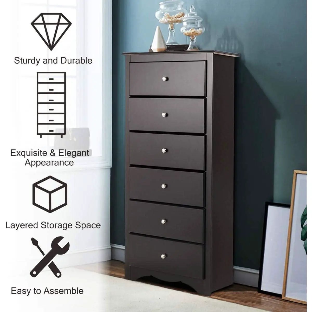 Brown Wood 6 Drawer Dresser For Bedroom Storage Unit from PriceLows™