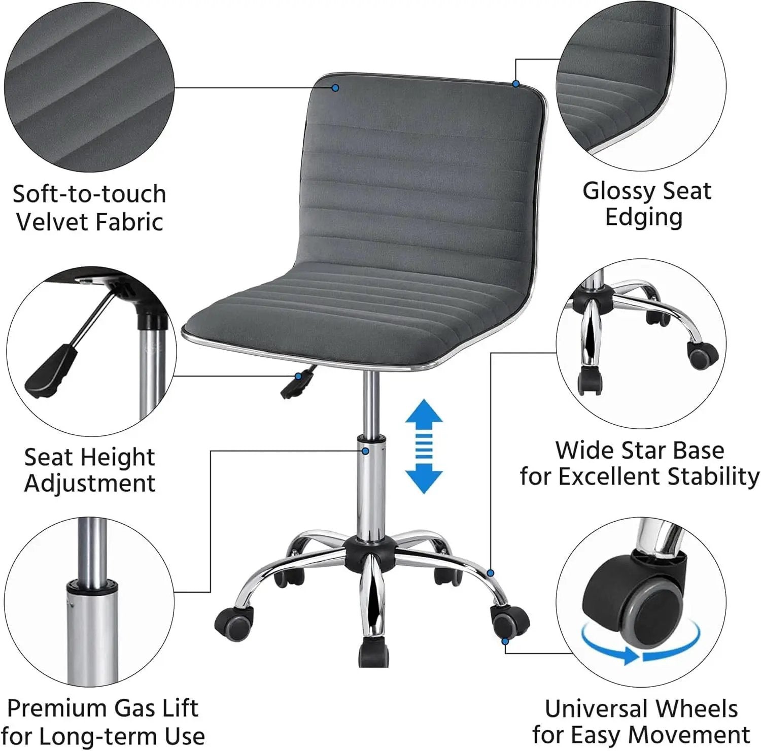 Dark Gray Velvet Armless Swivel Chair Height Adjustable from PriceLows™