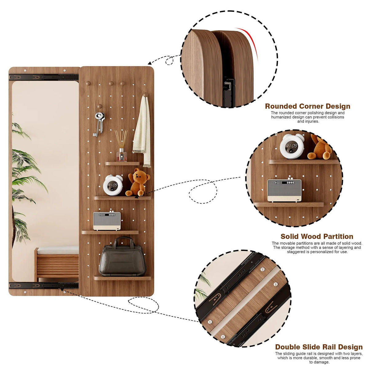 Wall Mounted Full Length Mirror | Shelf And Hook | Solid Rubber Wood | Push-Pull Removable Panel