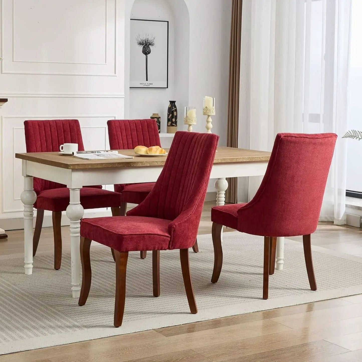 Velvet Dining Chairs Wine Red Channel Tufted Wood Legs from PriceLows™