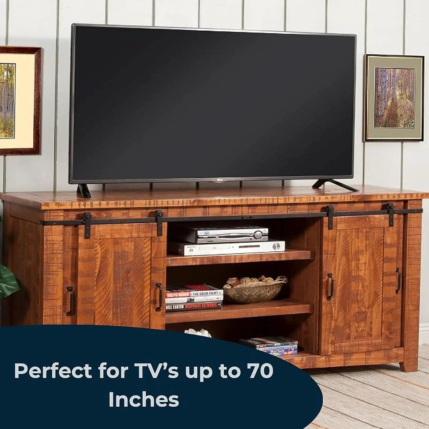 65 Inch Solid Wood TV Stand Honey Tobacco With Rustic Doors from PriceLows™