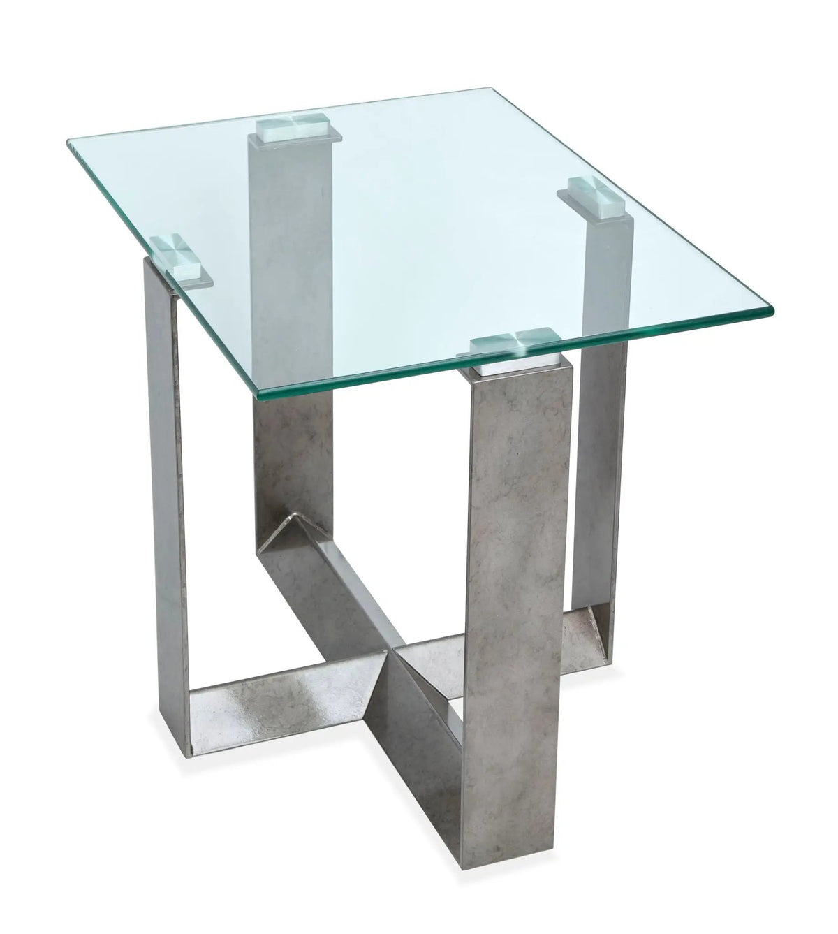 Holden Rectangular End Table | Aged Pewter Metal Frame | Tempered Glass Top | Triangular Base