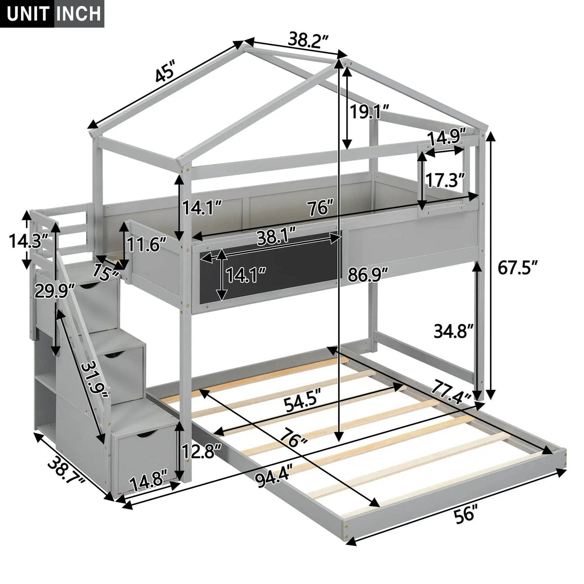 House Style Bunk Bed With Storage Staircase And board | 2 Pieces | Pine Wood | Bedroom