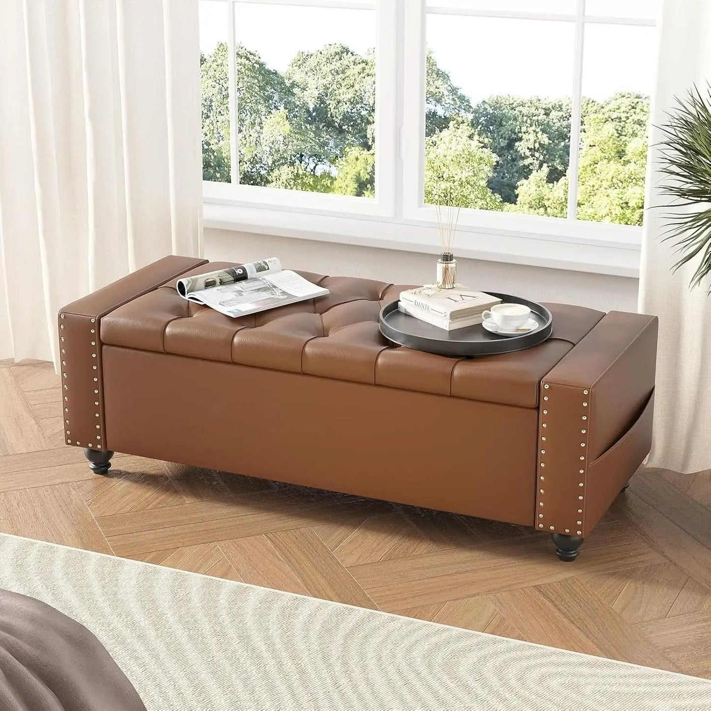 49 Inch Upholstered Storage Ottoman Bench Espresso Brown from PriceLows™